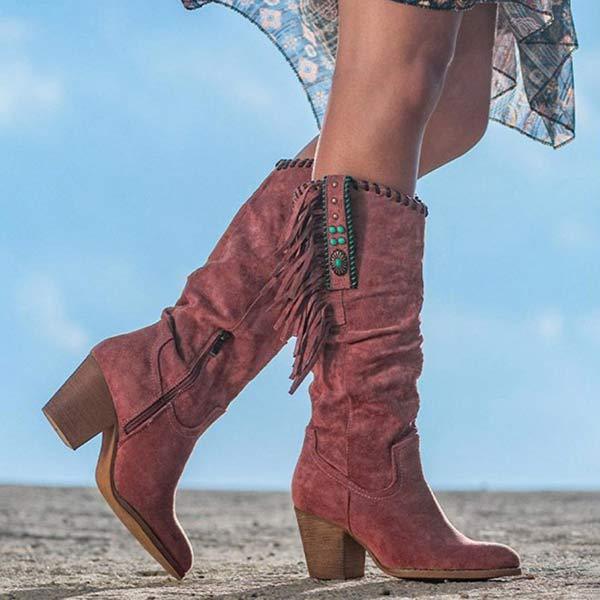 Botas altas con flecos y tacón de bloque estilo vintage para mujer 