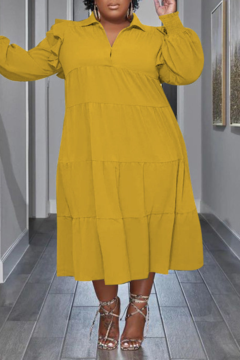 Flounced Sleeve Plus Size Turndown Collar Dress