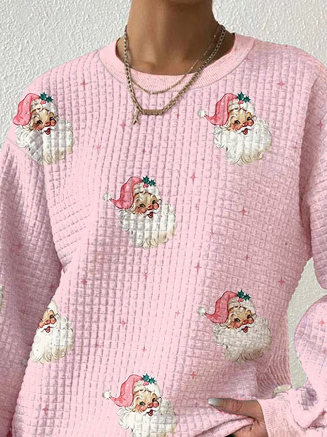 🔥Buy 3 Get 10% Off🔥Pink Santa Claus Print Drop Shoulder Check Sweatshirt