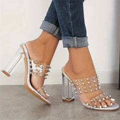 🔥Last Day Promotion 50% OFF - Women's Clear Chunky High Heels Square Studded Double Strap Sandals