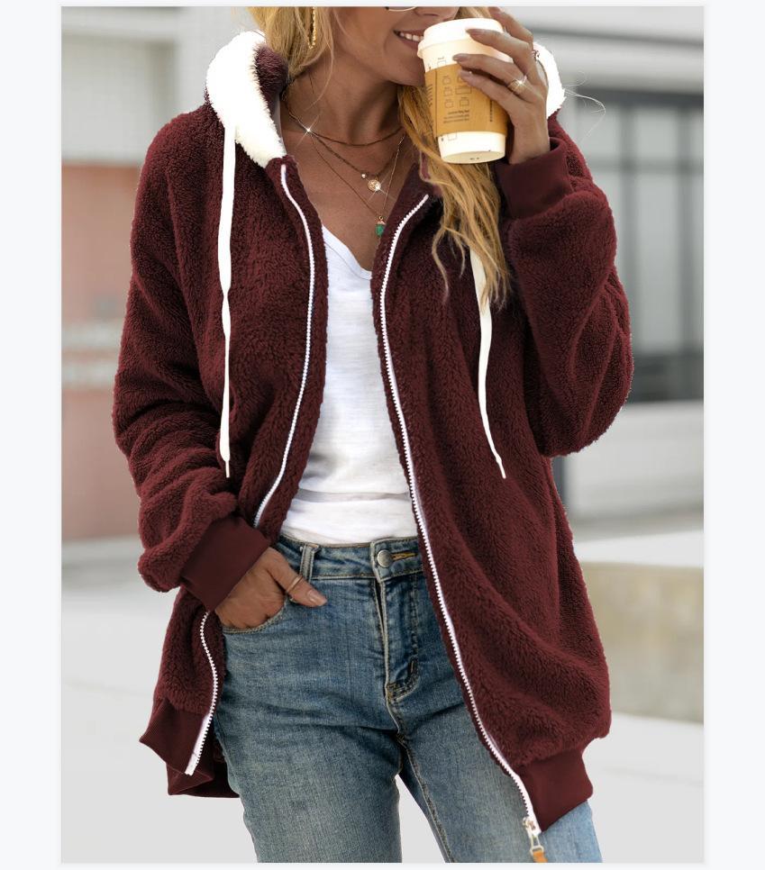 Women's loose plush zipper hooded jacket