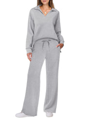 Women's Cotton Two-Piece Oversized Half-Zip Sweatshirt Wide Leg Sweatpants Casual Suit