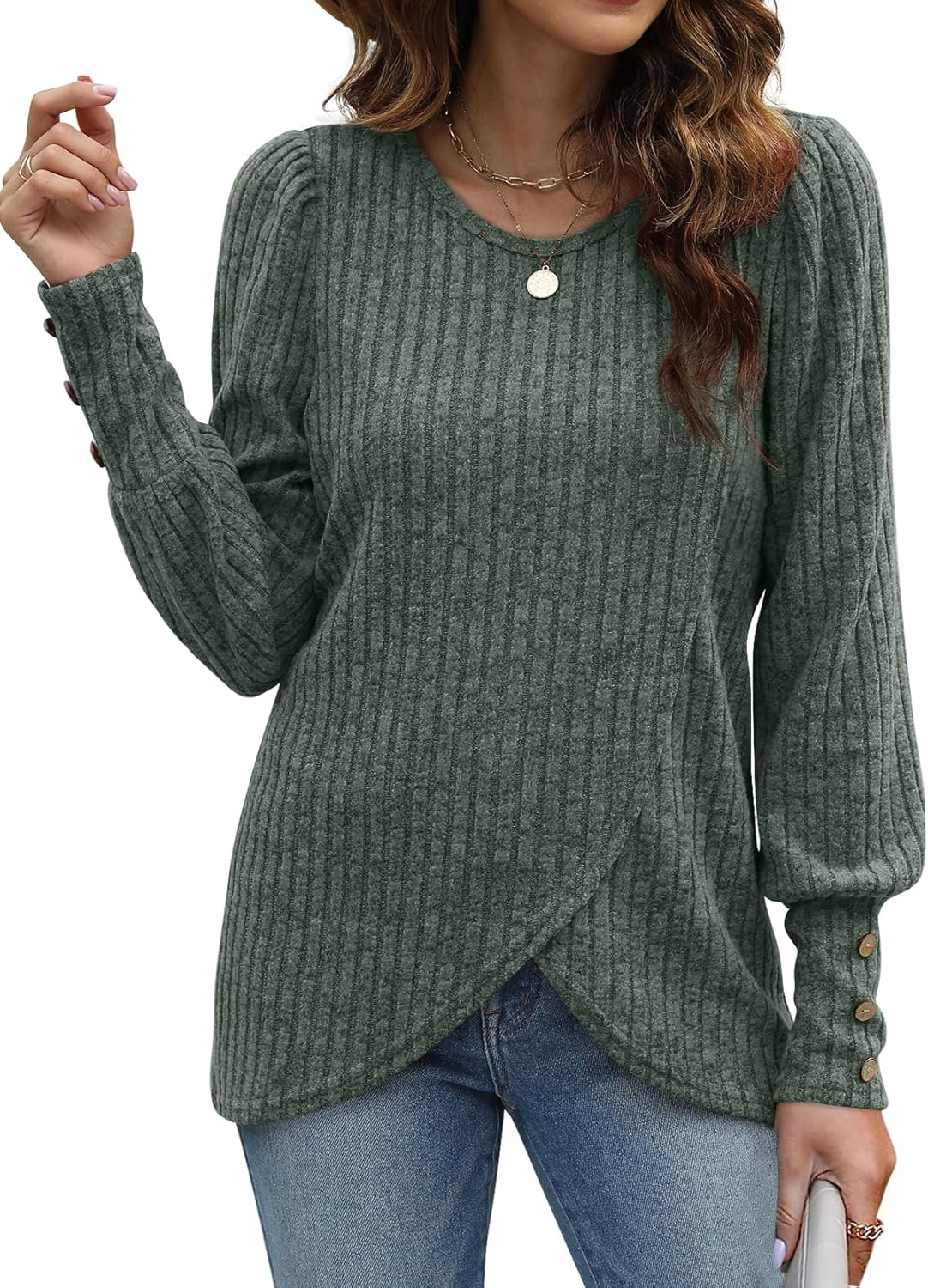 Lightweight Puffy Lantern Sleeve Tunic Tops Pullover Sweaters for Women Casual Tulip Hem