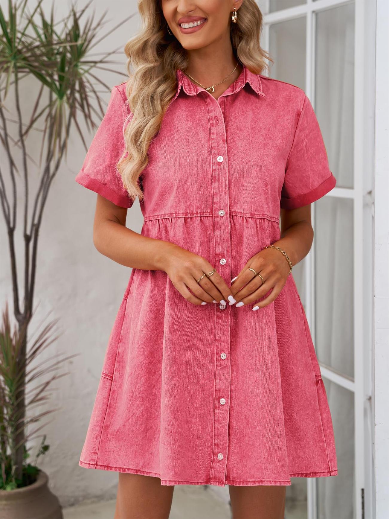 Women's Doll Neck Short Sleeve Button Down Denim Shirt Dresses（Buy 2 Free Shipping）