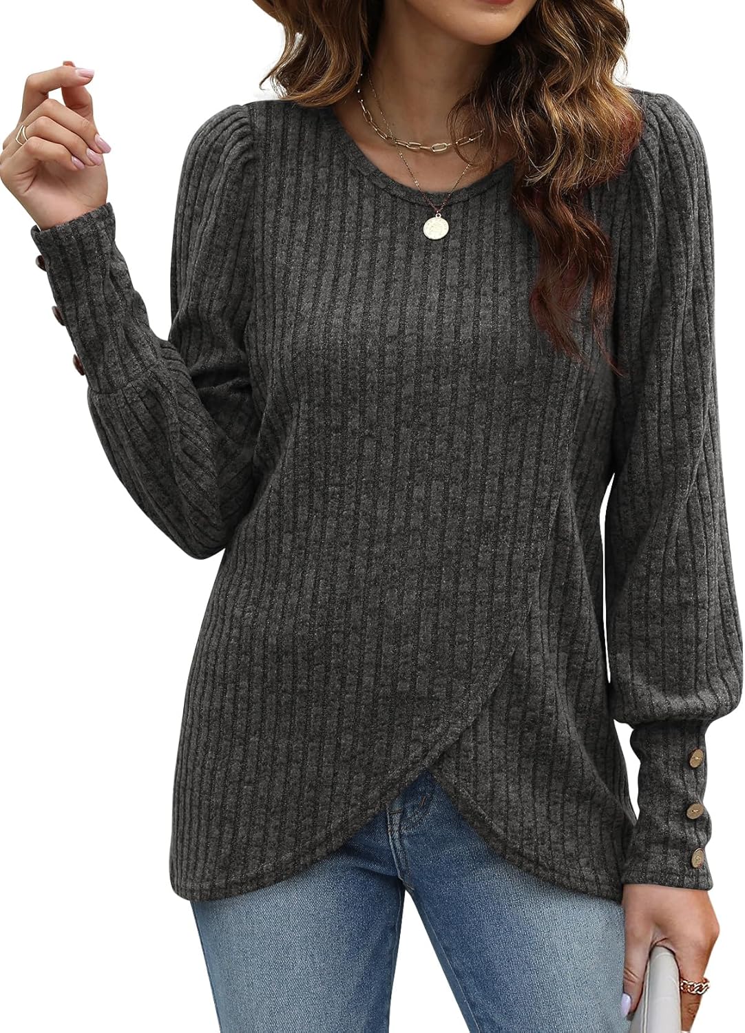 Lightweight Puffy Lantern Sleeve Tunic Tops Pullover Sweaters for Women Casual Tulip Hem