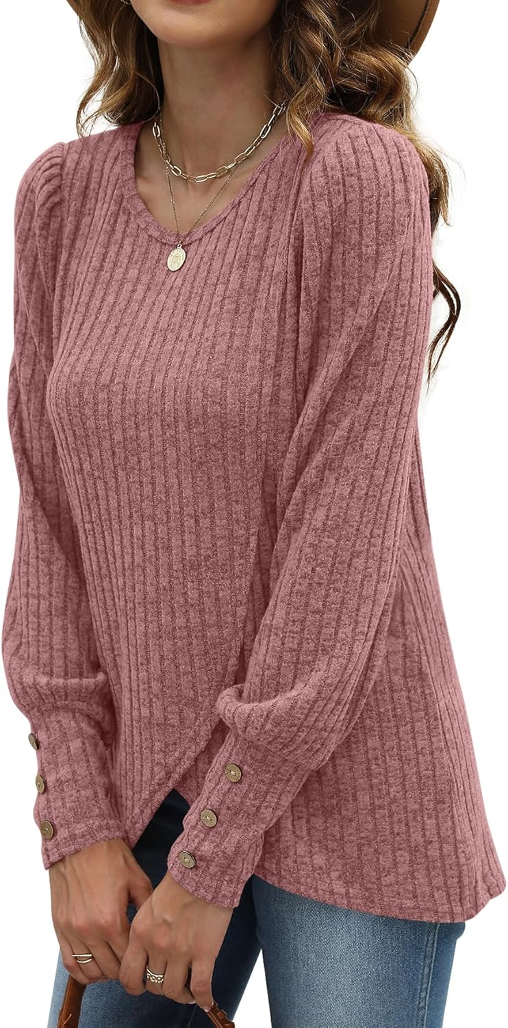 Lightweight Puffy Lantern Sleeve Tunic Tops Pullover Sweaters for Women Casual Tulip Hem