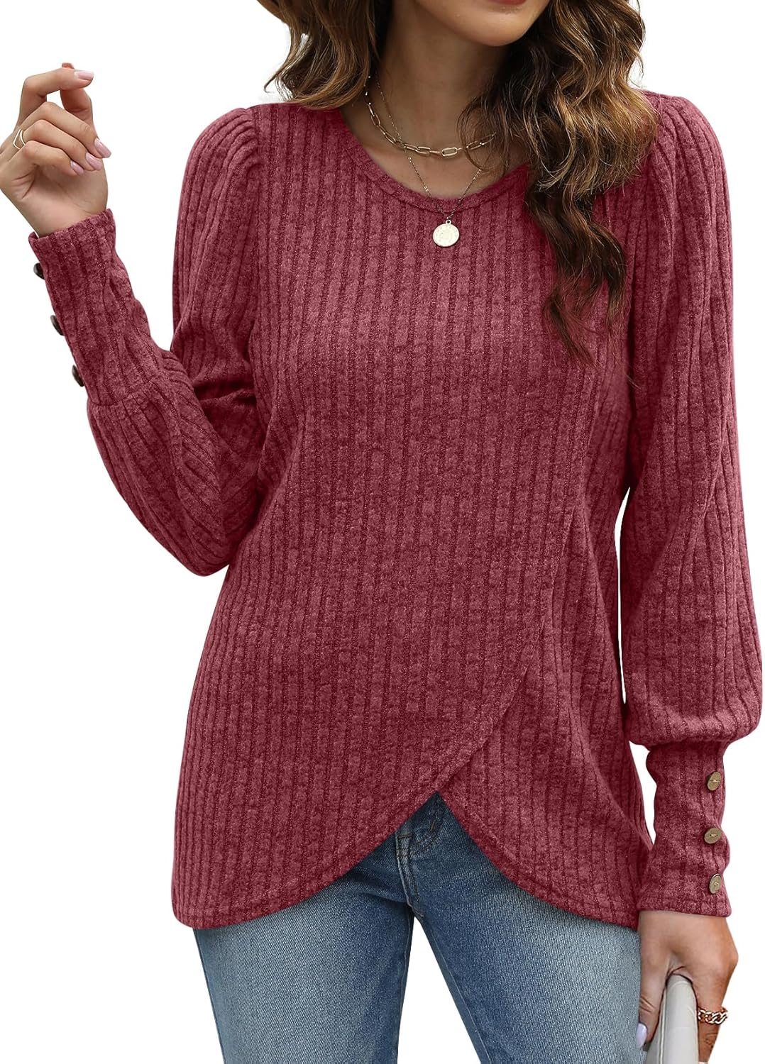 Lightweight Puffy Lantern Sleeve Tunic Tops Pullover Sweaters for Women Casual Tulip Hem