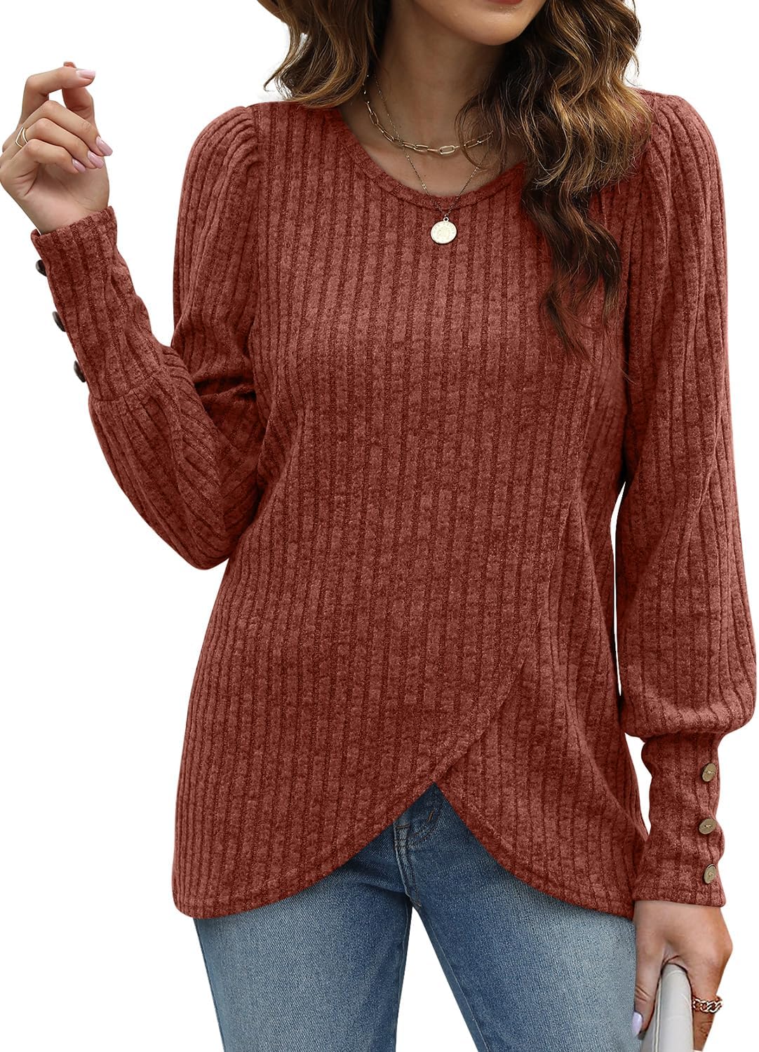 Lightweight Puffy Lantern Sleeve Tunic Tops Pullover Sweaters for Women Casual Tulip Hem