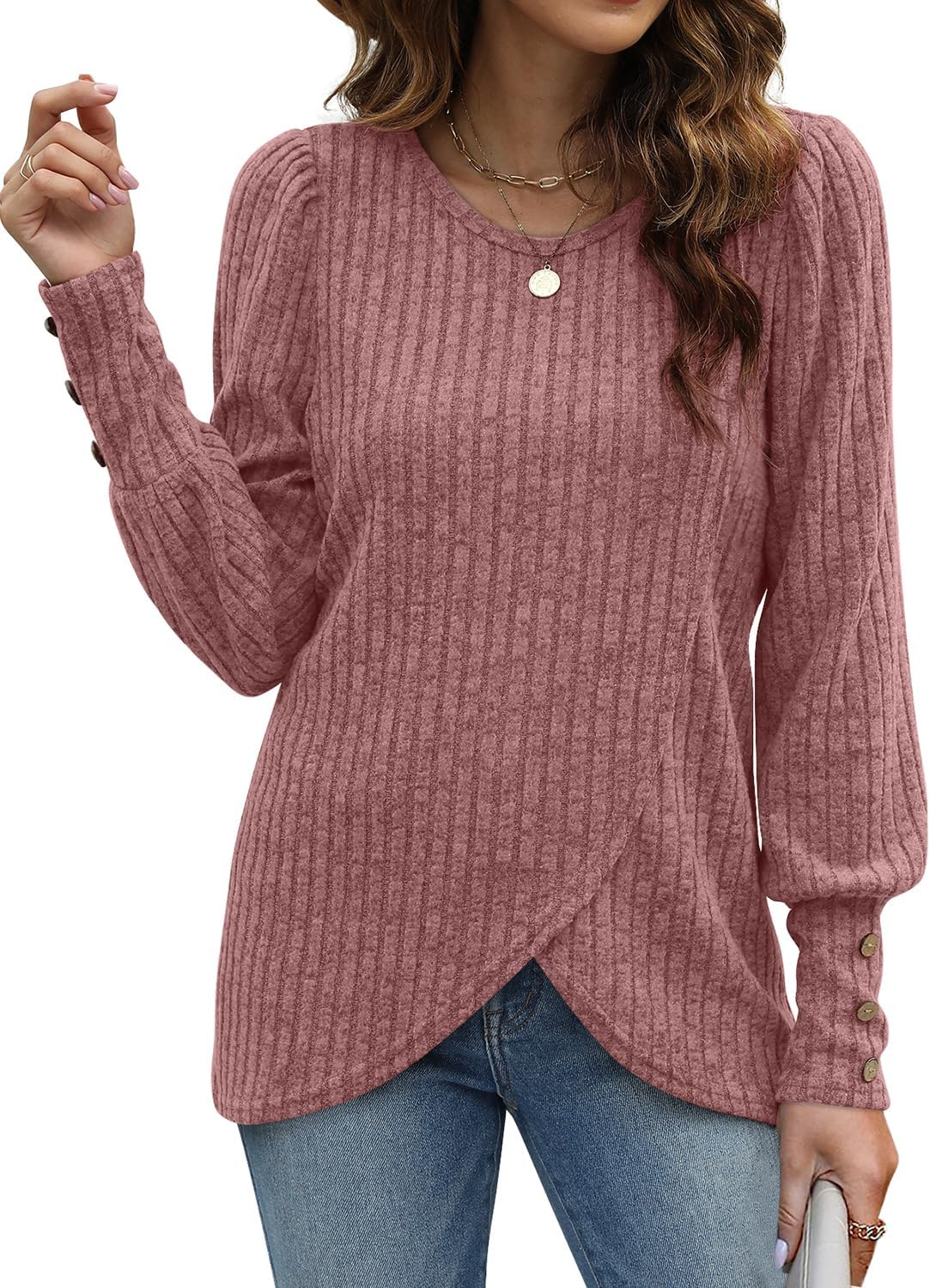 Lightweight Puffy Lantern Sleeve Tunic Tops Pullover Sweaters for Women Casual Tulip Hem