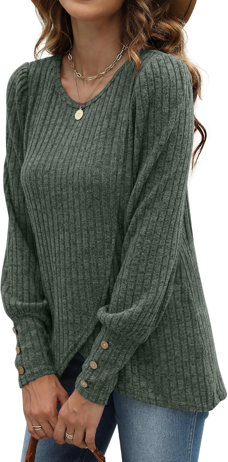 Lightweight Puffy Lantern Sleeve Tunic Tops Pullover Sweaters for Women Casual Tulip Hem