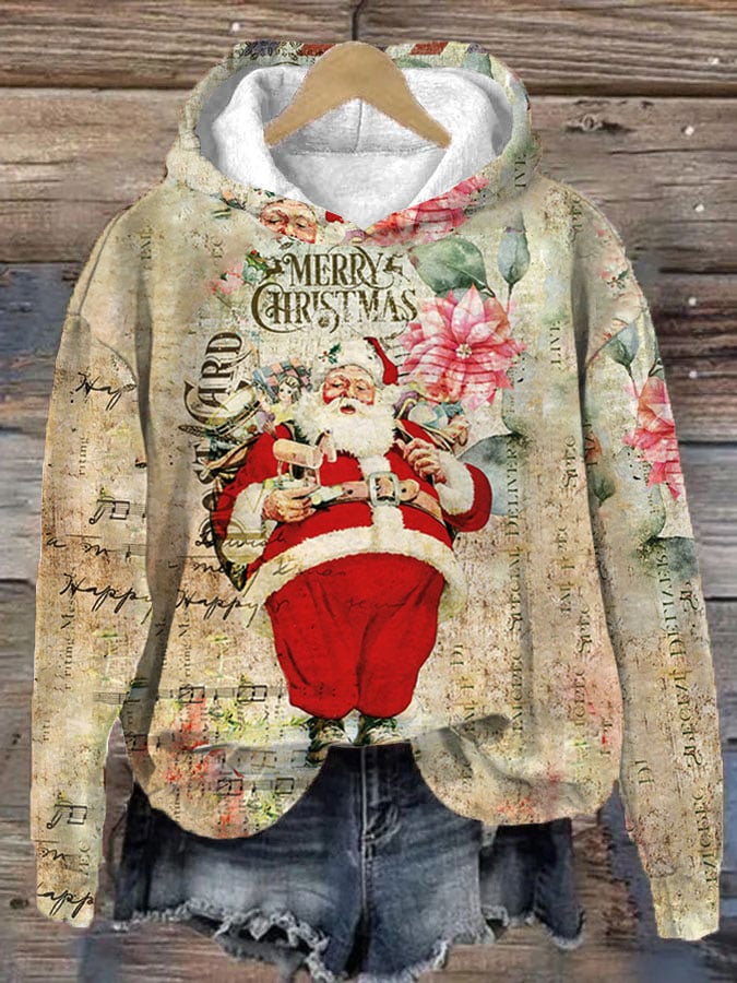 🔥Compra 3 y obtén un 10 % de descuento🔥Sudadera con capucha informal con estampado navideño vintage de Papá Noel para mujer 