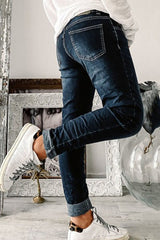 Button Up Roll Hem Straight Leg Jeans