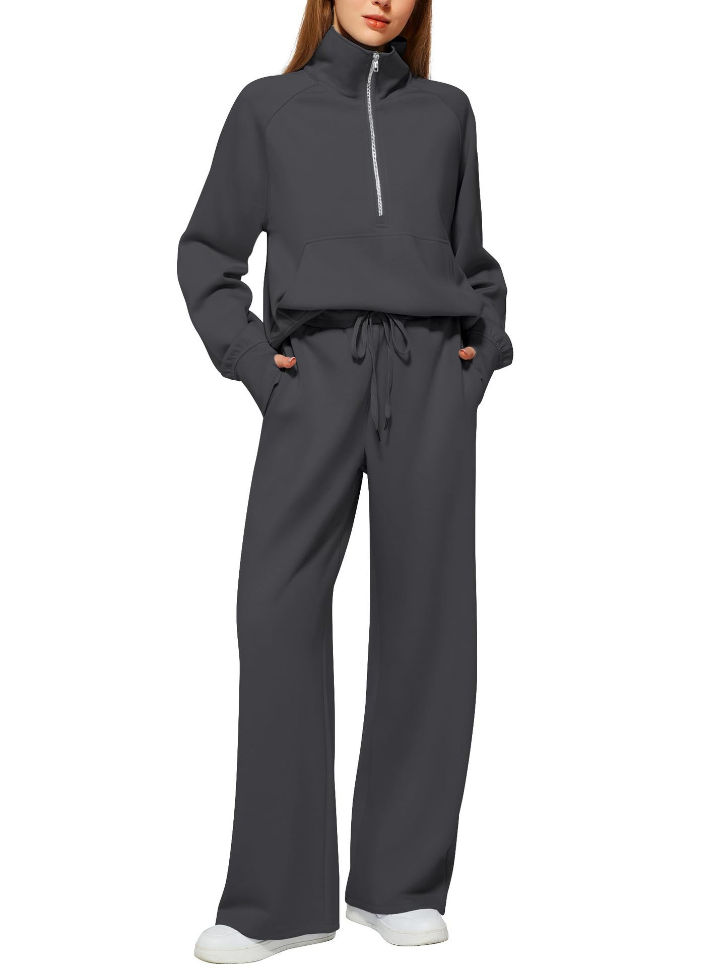 Women's Cotton Two-Piece Oversized Half-Zip Sweatshirt Wide Leg Sweatpants Casual Suit