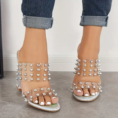 🔥Last Day Promotion 50% OFF - Women's Clear Chunky High Heels Square Studded Double Strap Sandals