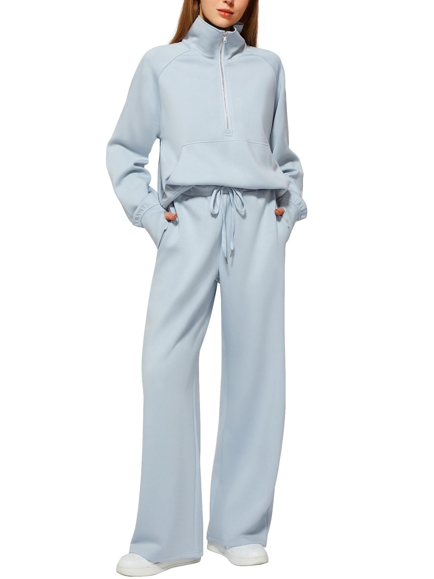 Women's Cotton Two-Piece Oversized Half-Zip Sweatshirt Wide Leg Sweatpants Casual Suit