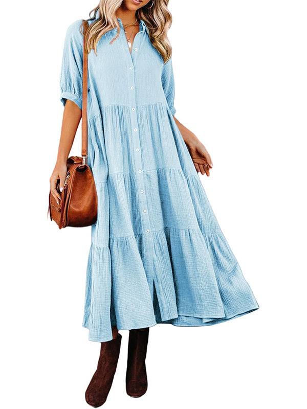 Women's Button Down Tiered Ruffle Flowy Midi Dress with Pockets (Buy 2 Free Shipping)