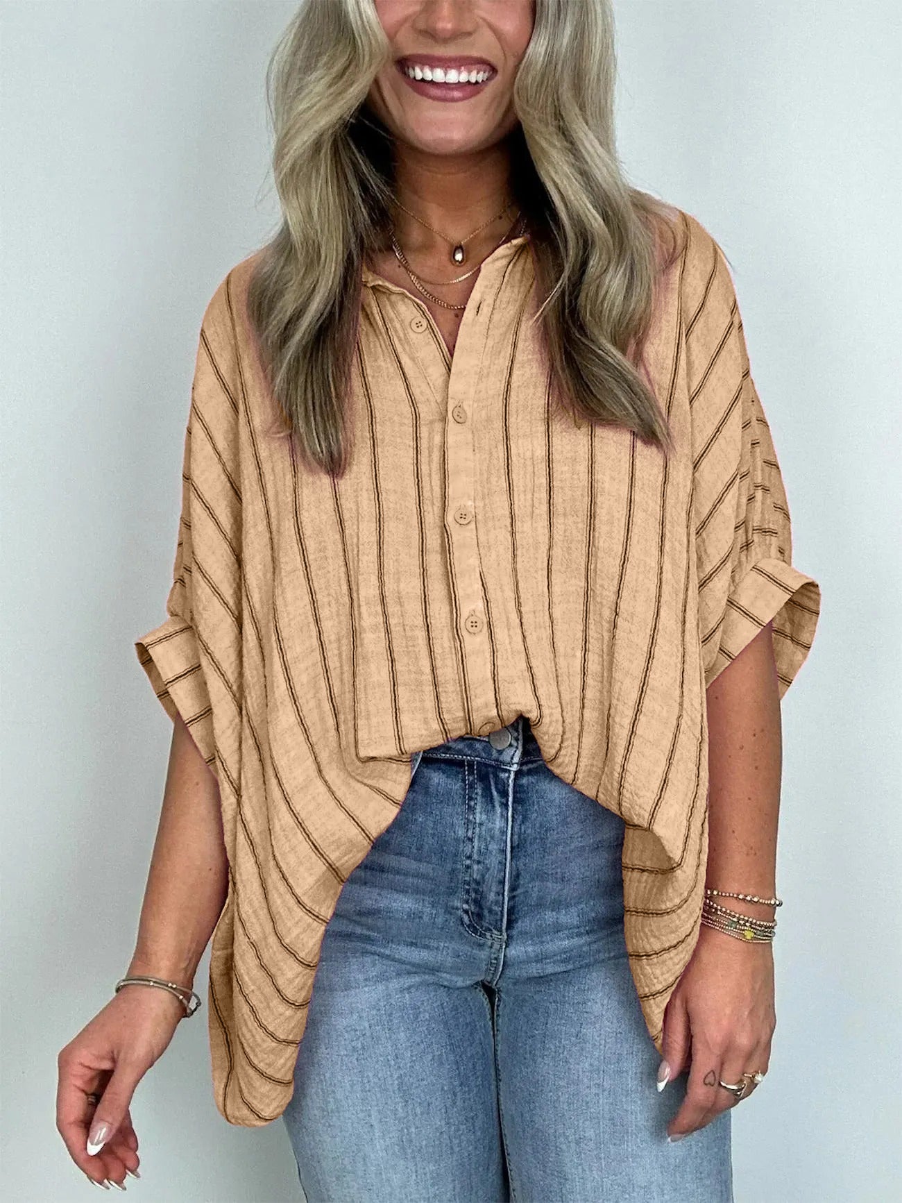 2024 Popular Oversized Striped Button Down Top Shirt Jacket(50% OFF🔥)