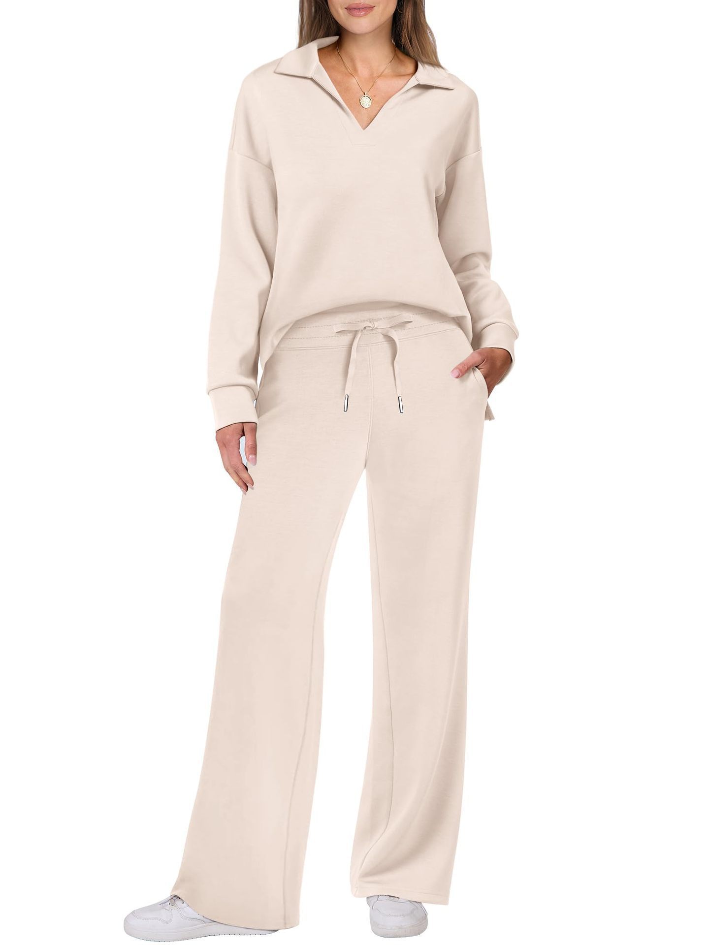 Women's Cotton Two-Piece Oversized Half-Zip Sweatshirt Wide Leg Sweatpants Casual Suit