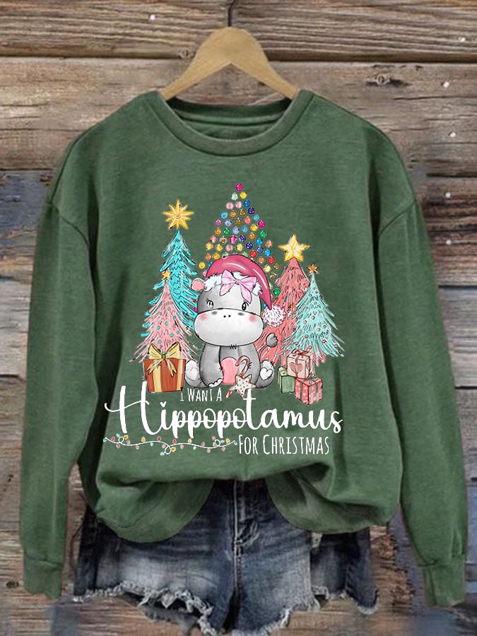 🔥Buy 3 Get 10% Off🔥I Want A Hippopotamus For Christmas Print Round Neck Long Sleeve Sweatshirt