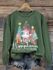 🔥Kaufen Sie 3 und erhalten Sie 10 % Rabatt🔥Langärmliges Sweatshirt mit Rundhalsausschnitt und Aufdruck „I Want A Hippopotamus For Christmas“ 