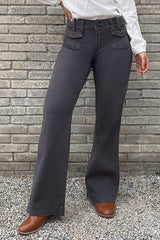 Solid Button Detail Flap Pocket Straight Leg Pants