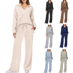 Women's Cotton Two-Piece Oversized Half-Zip Sweatshirt Wide Leg Sweatpants Casual Suit