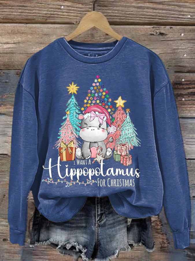 🔥Kaufen Sie 3 und erhalten Sie 10 % Rabatt🔥Langärmliges Sweatshirt mit Rundhalsausschnitt und Aufdruck „I Want A Hippopotamus For Christmas“ 