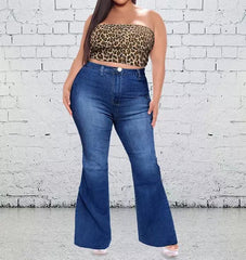 Ladies Flared High Waist Denim Button Stretch Trousers