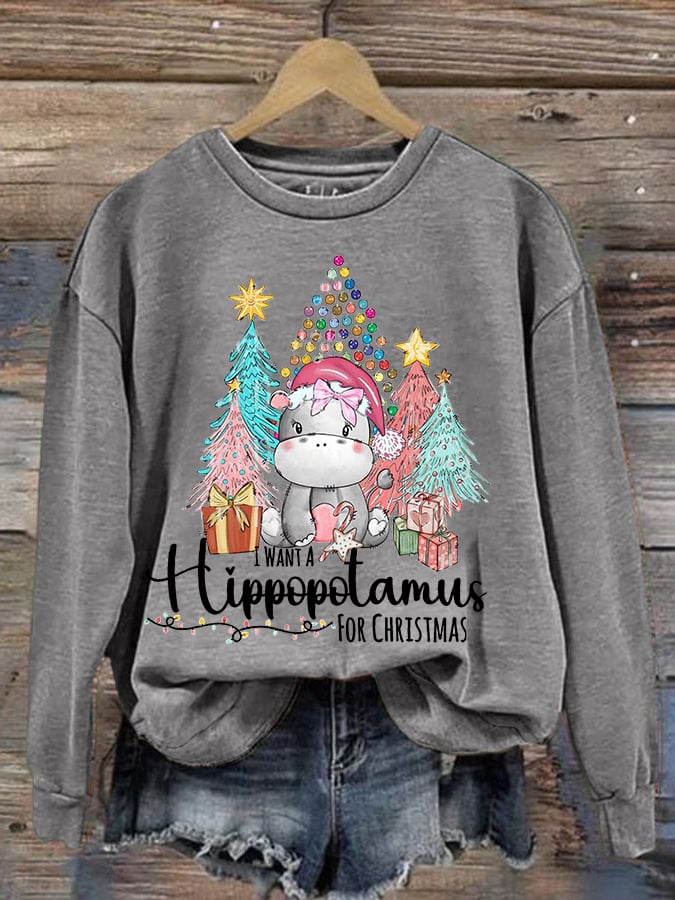 🔥Kaufen Sie 3 und erhalten Sie 10 % Rabatt🔥Langärmliges Sweatshirt mit Rundhalsausschnitt und Aufdruck „I Want A Hippopotamus For Christmas“ 