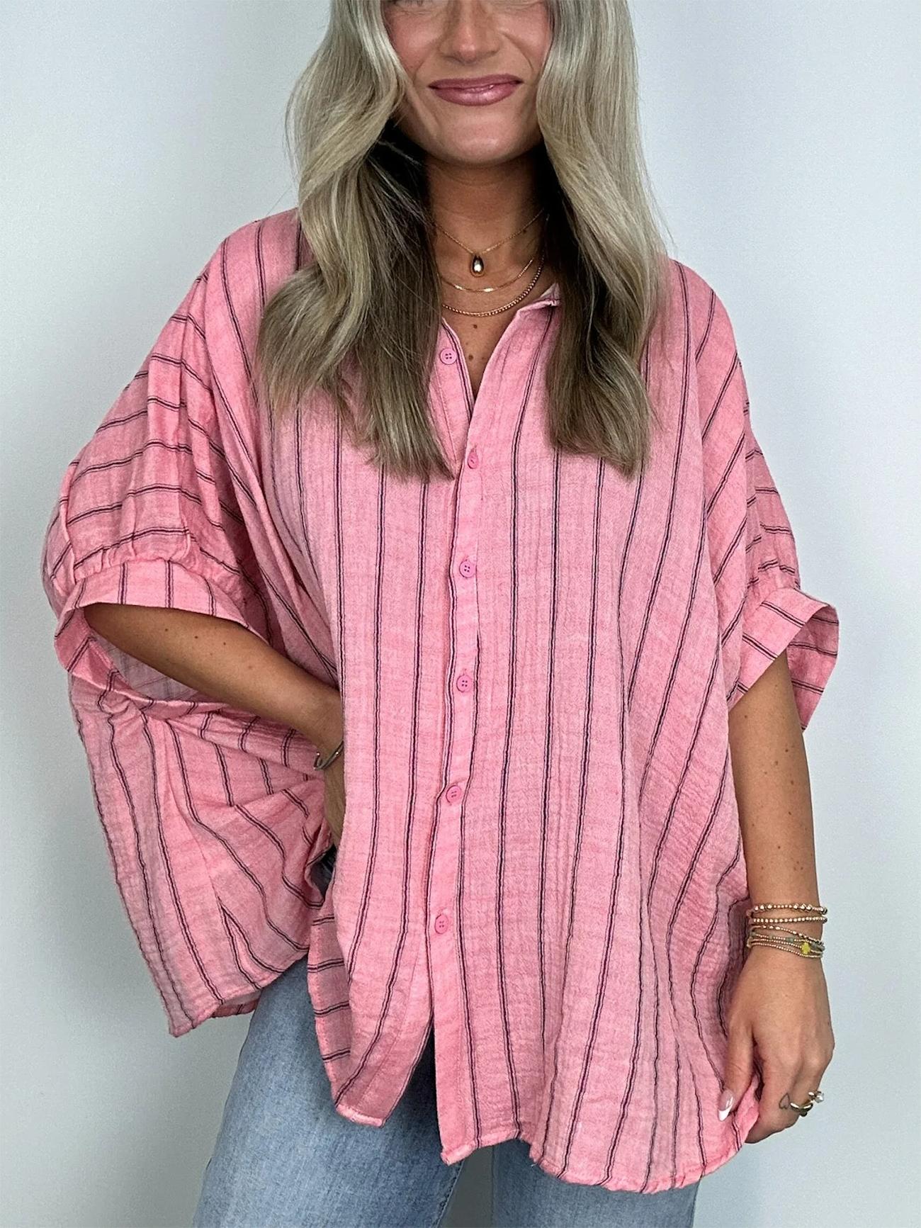 2024 Popular Oversized Striped Button Down Top Shirt Jacket(50% OFF🔥)