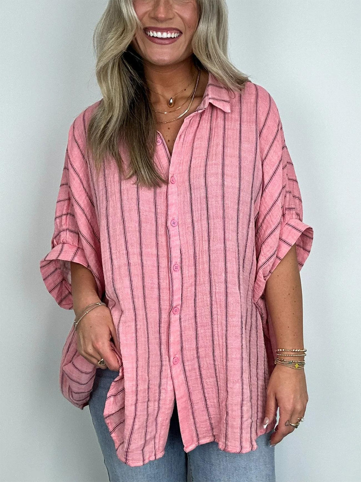 2024 Popular Oversized Striped Button Down Top Shirt Jacket(50% OFF🔥)