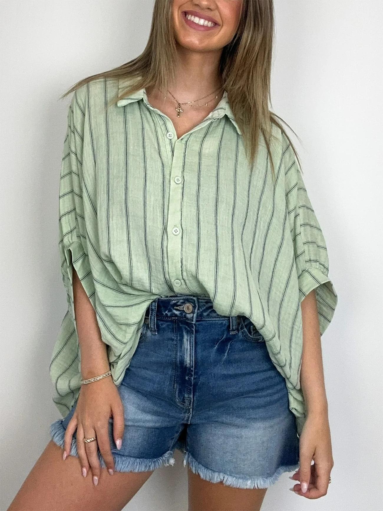 2024 Popular Oversized Striped Button Down Top Shirt Jacket(50% OFF🔥)