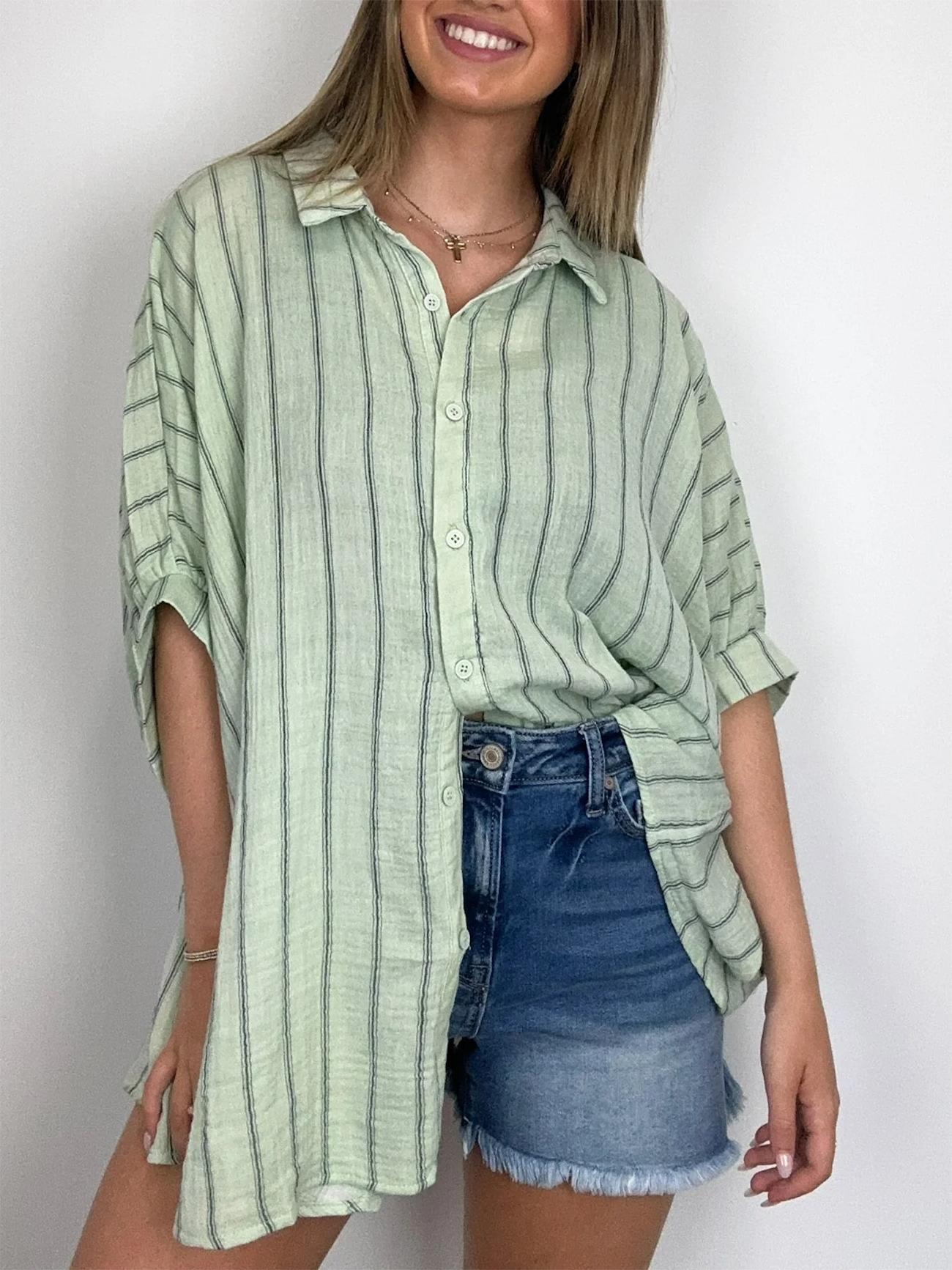 2024 Popular Oversized Striped Button Down Top Shirt Jacket(50% OFF🔥)