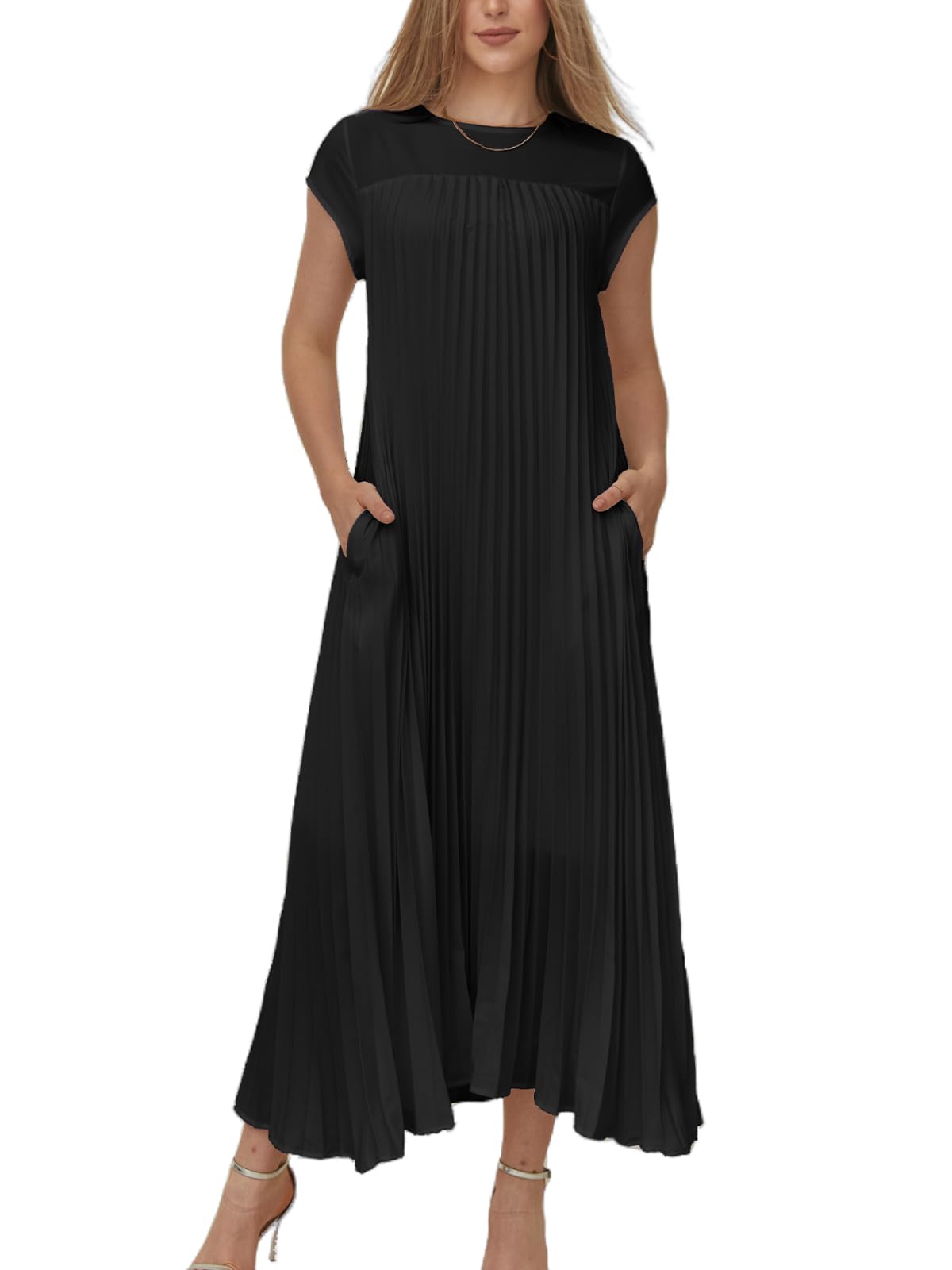 Women's Cap Sleeve Pleated Flowy Maxi Dress (Buy 2 Free Shipping)