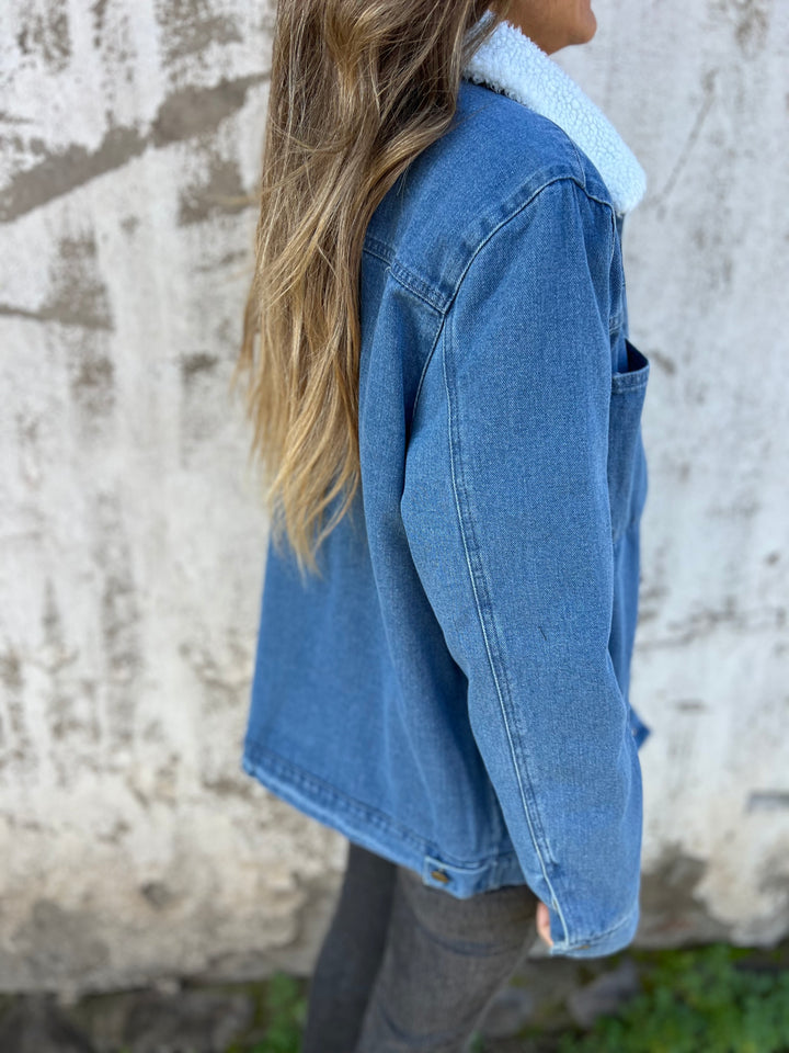 Women's Casual Lambswool Lapel Denim Jacket