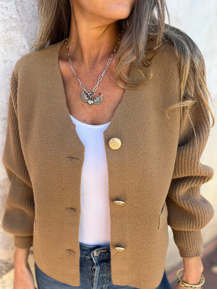 Cropped knitted sweater jacket with metallic buttons