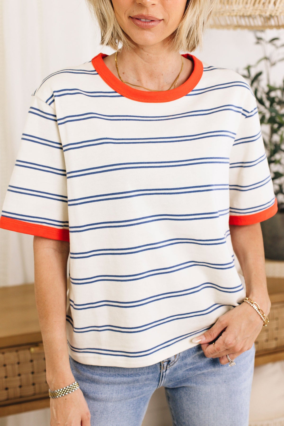 Women's Color Block Short Sleeve Striped T Shirt (Buy 2 Free Shipping)