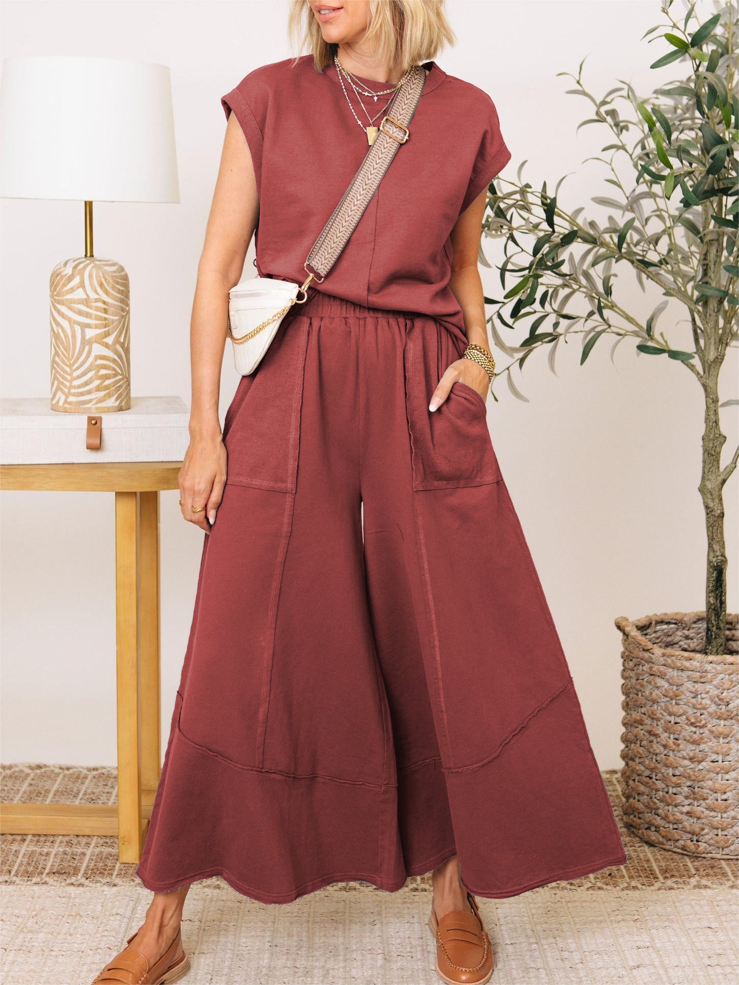 Clean Lines Top & Wide Leg Pants Set (Buy 2 Free Shipping)