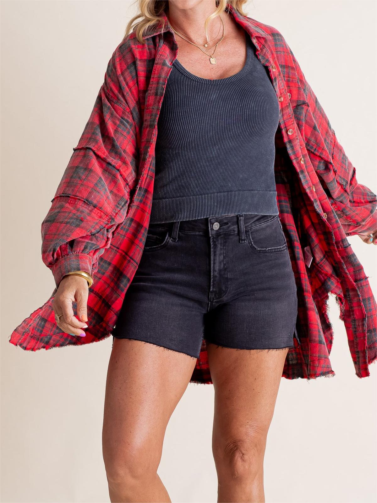 Women's Seams Raw Edge Washed Oversized Shirt Jacket with Pockets(BUY 2 FREE SHIPPING)