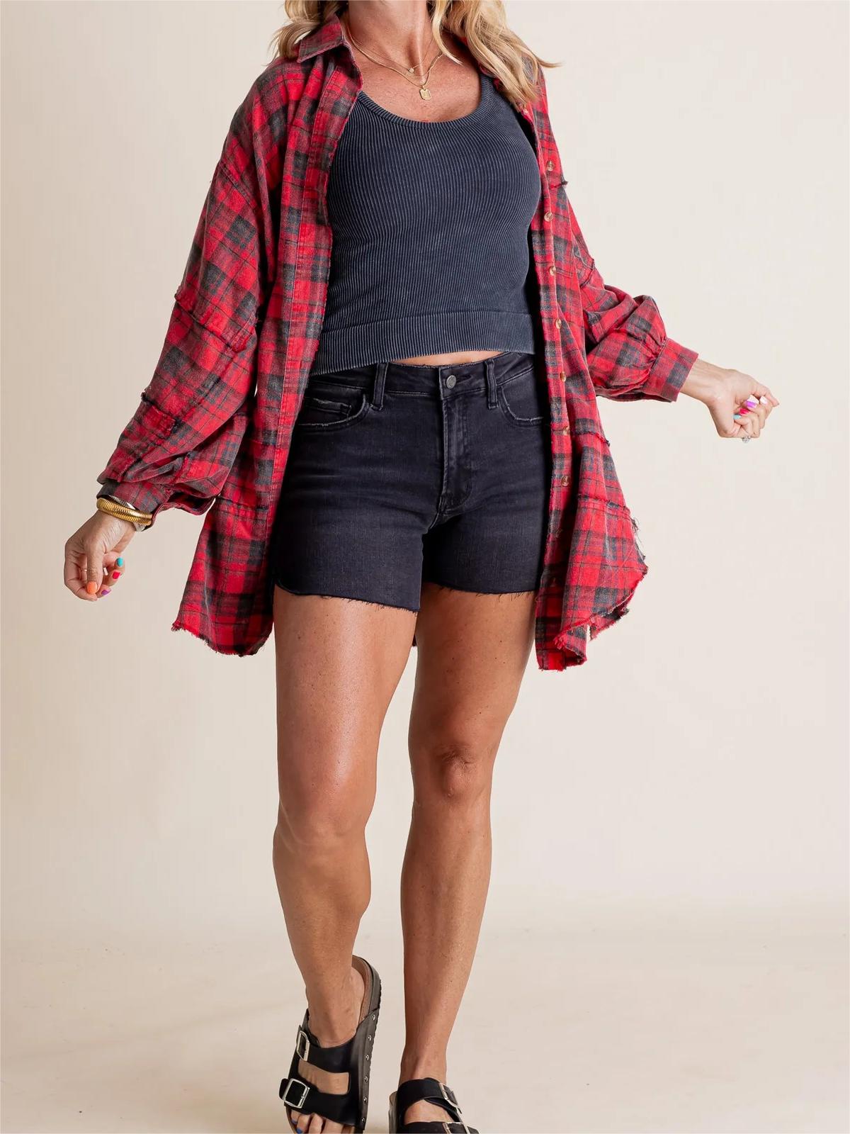 Women's Seams Raw Edge Washed Oversized Shirt Jacket with Pockets(BUY 2 FREE SHIPPING)