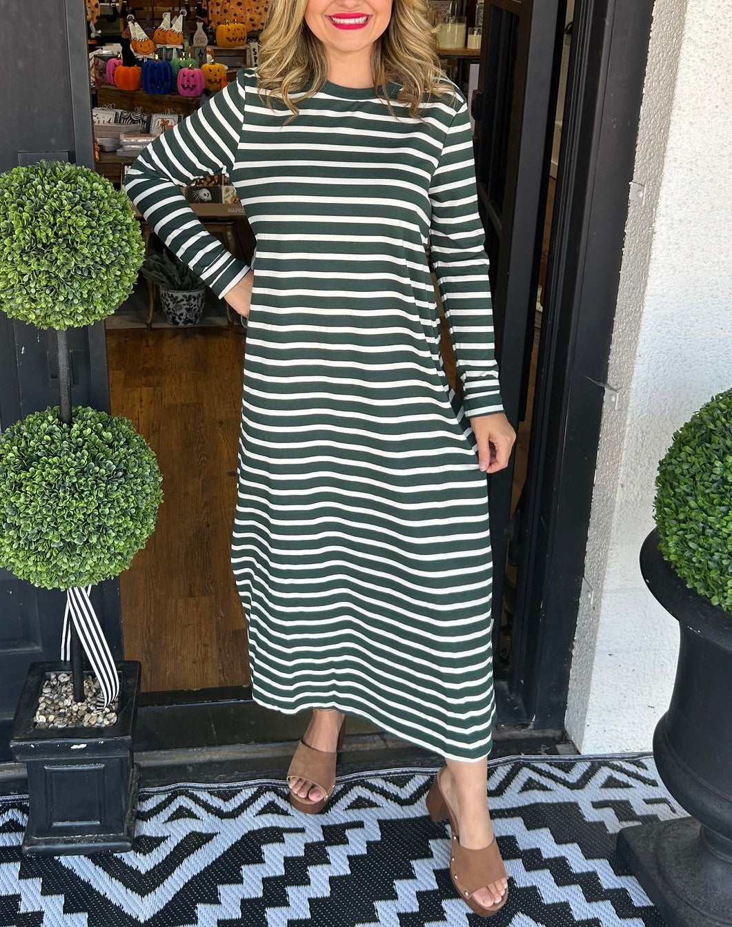 Women's Long Sleeve Side Slit Striped Maxi Dress (Buy 2 Free Shipping)