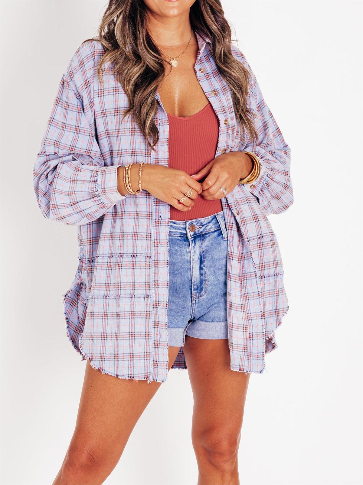 Women's Seams Raw Edge Washed Oversized Shirt Jacket with Pockets(BUY 2 FREE SHIPPING)