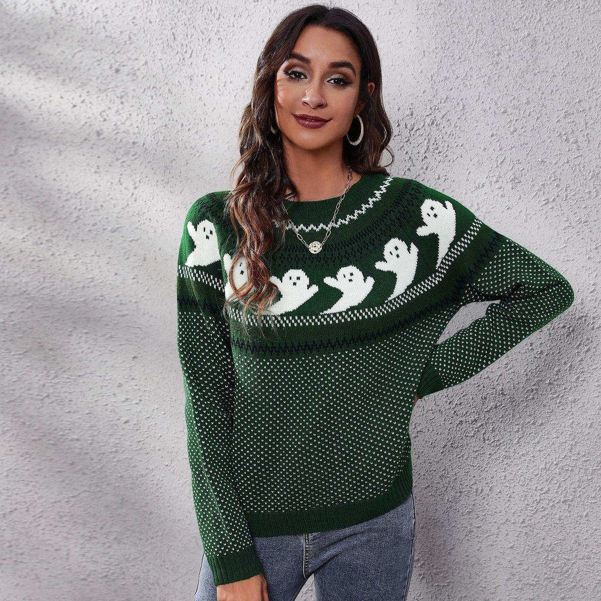 Damen-Strickpullover mit langen Ärmeln und Halloween-Geister-Retro-Punktmuster 