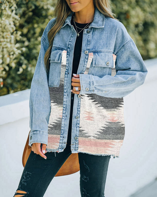 Woman's long sleeve casual loose paneled denim jacket