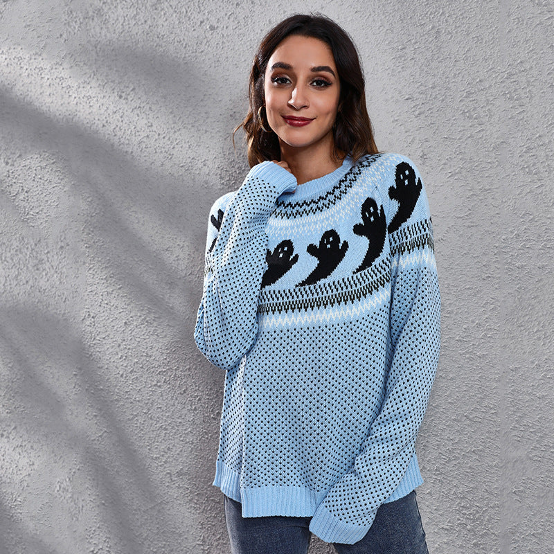 Damen-Strickpullover mit langen Ärmeln und Halloween-Geister-Retro-Punktmuster 