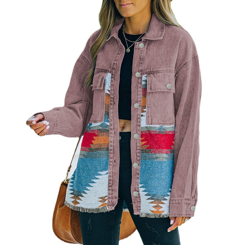 Woman's long sleeve casual loose paneled denim jacket