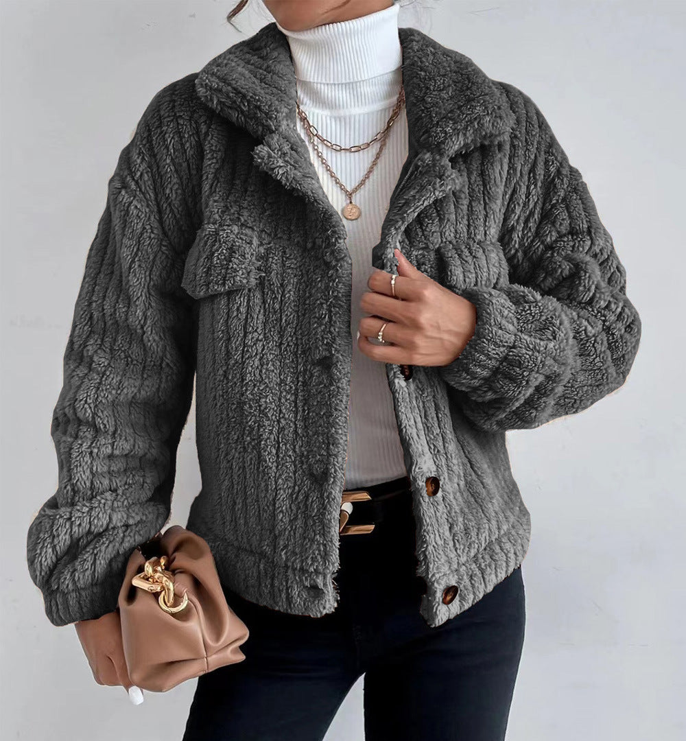 Short Jacket Lapel Winter Coat Warm Plush Fleece Casual Coat Top With Pocket