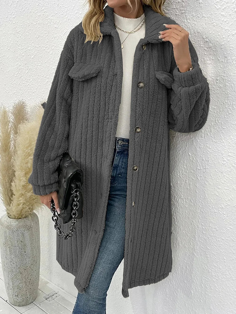 Women's lapel plush long coat with pockets