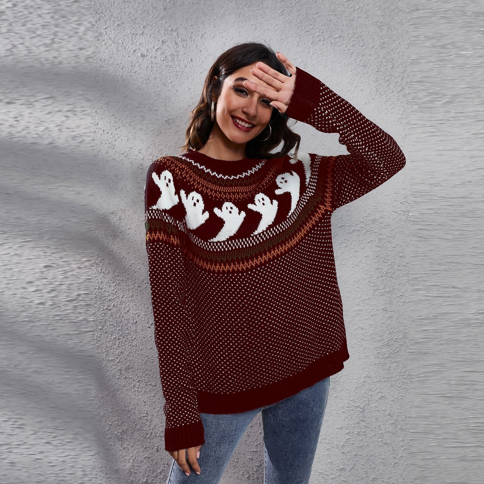 Damen-Strickpullover mit langen Ärmeln und Halloween-Geister-Retro-Punktmuster 