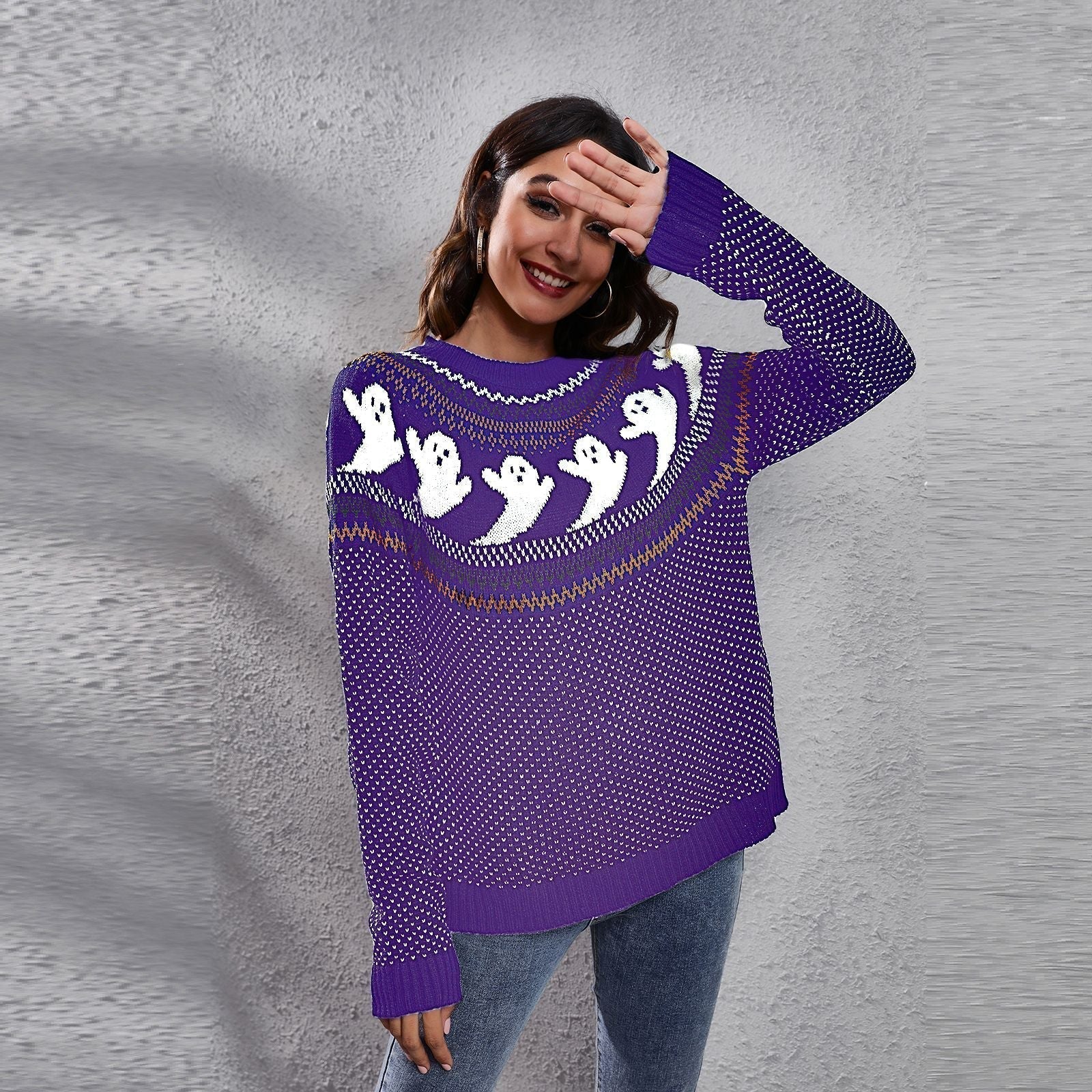 Damen-Strickpullover mit langen Ärmeln und Halloween-Geister-Retro-Punktmuster 